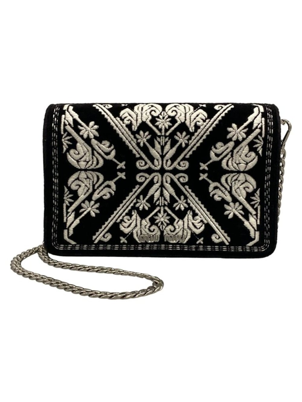 Miu Miu Shoulder Bag Black White Chain Removable Strap Embroidery